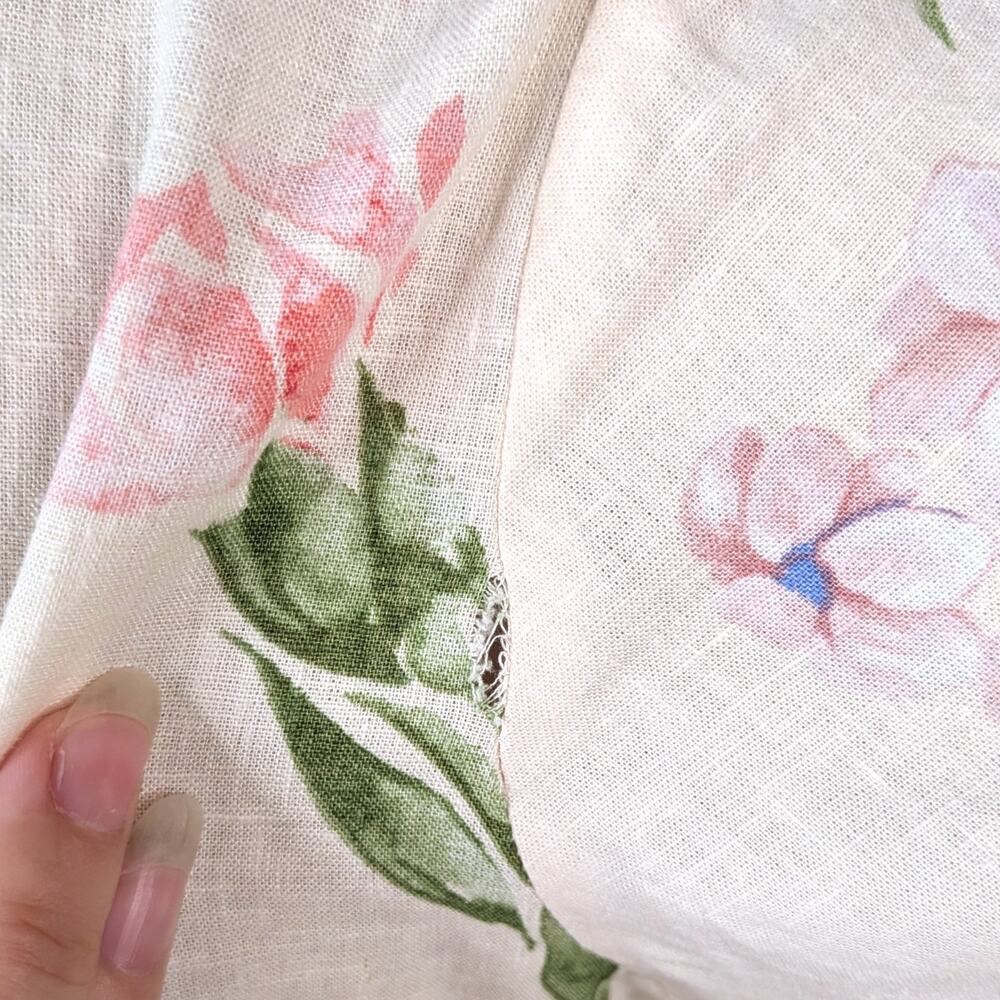 Laura Ashley Ivory Pink Floral Linen Blend Tie-Front Blouse Scalloped Hem XS - Picture 9 of 12